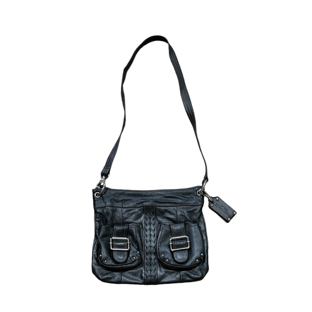 Tignanello Metallic Pewter Gray Leather Crossbody Bag With Braided Detail